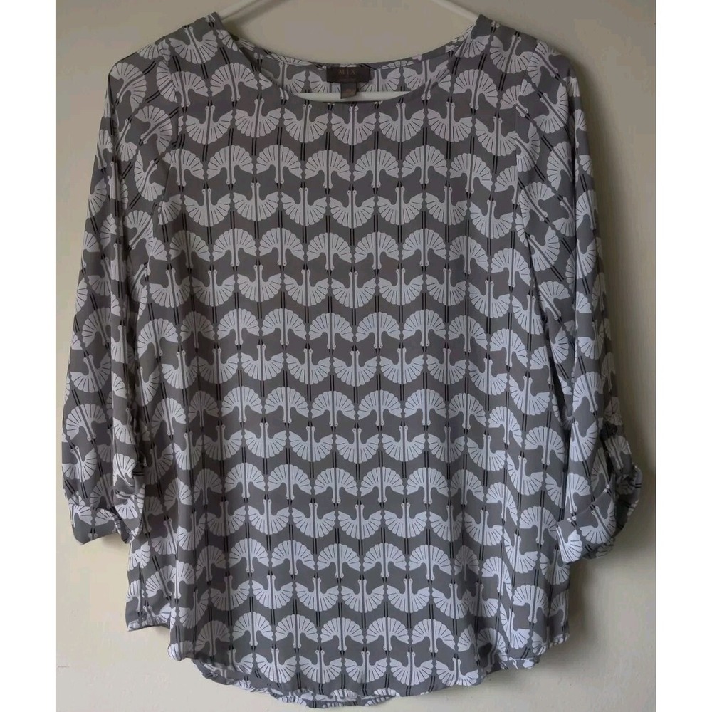 MIX by 41 Hawthorn Crane‎ Print 3/4 Sleeve Blouse Gray/White/Black Size XS